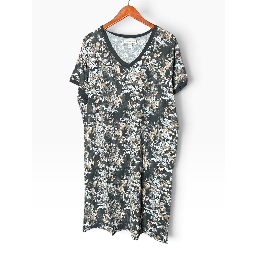 Stan Herman Loungewear Dress Womens 1X Grey Floral V-Neck Short Sleeve Shift NEW
